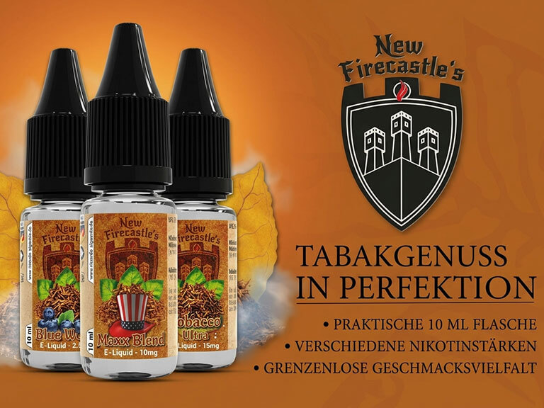 New Firecastle E-Liquid Sortiment mit den Geschmacksrichtungen Blue Wood, Maxx Blend und Tobacco Ultra für authentischen Tabakgenuss.