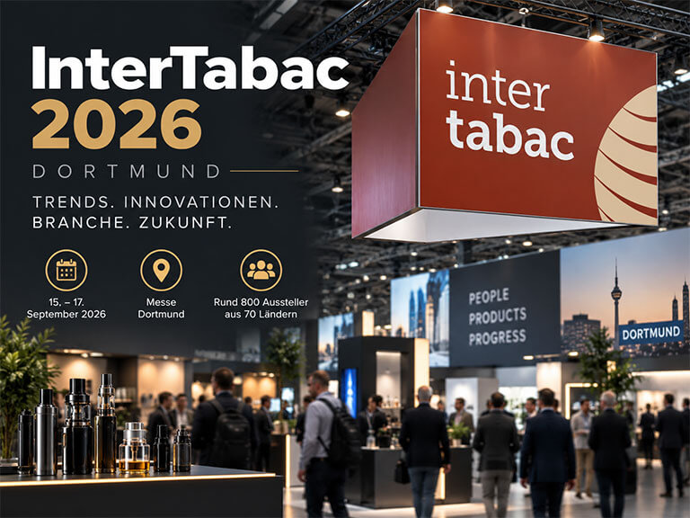 InterTabac 2026 in Dortmund mit Fachbesuchern in einer Messehalle sowie Informationen zu Termin, Trends und Innovationen.
